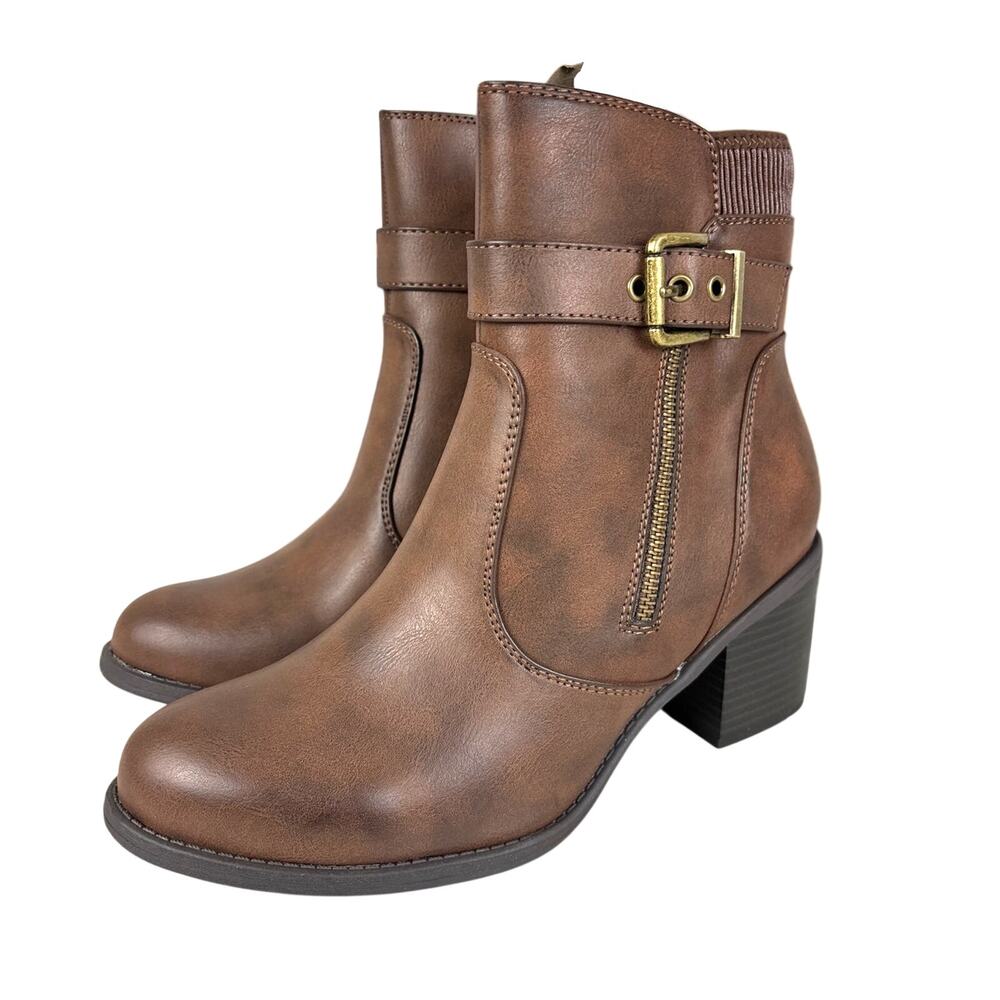 White Mountain Womens 8 Brown Faux Leather Chelsea Ankle Boots Block Heel NWT